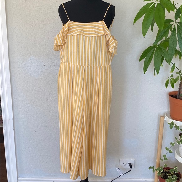 Altar'd State Pants - Summer Cottagecore Altar’d State Yellow Striped Jumpsuit with Ruffle Detail